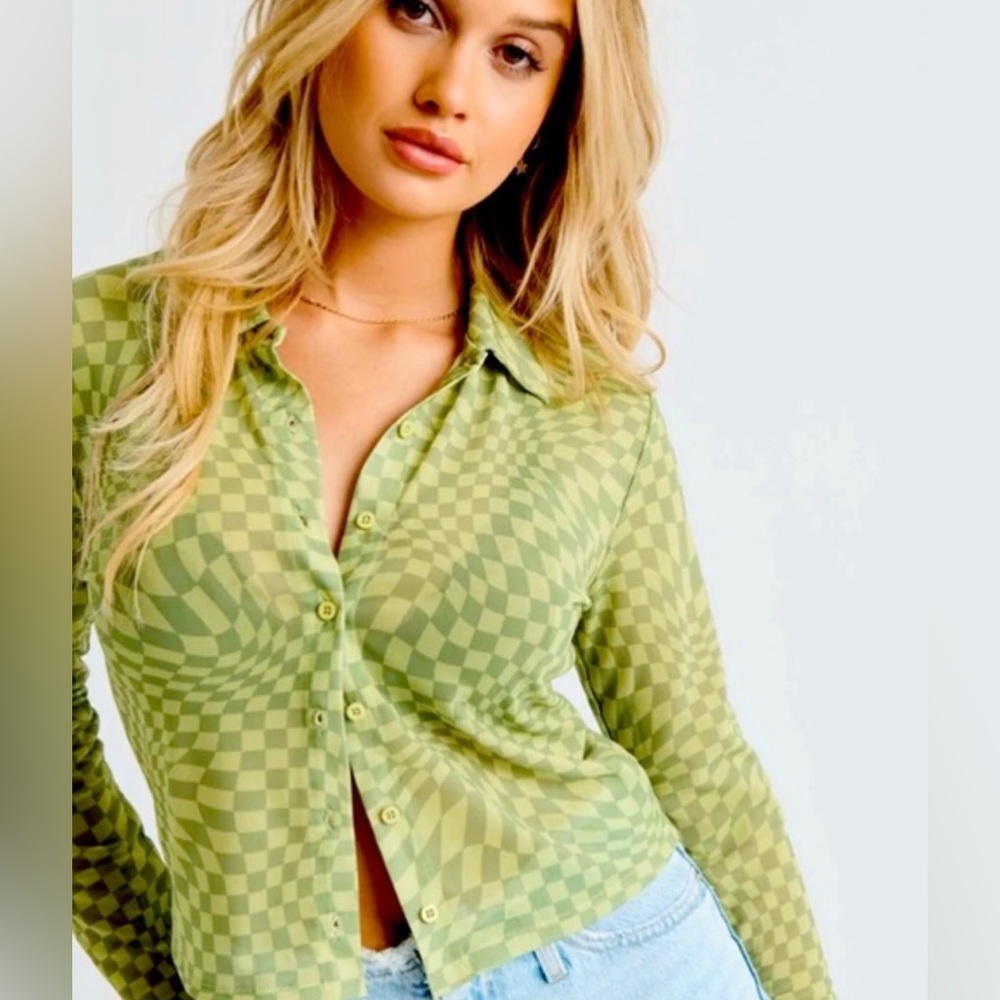 Garage Silky Psychedelic Green Checkered Shirt